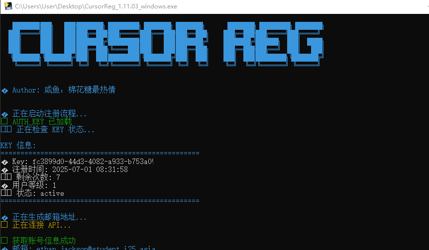 Cursor Reg auto-registration tool interface showing the main functionality area and operation buttons